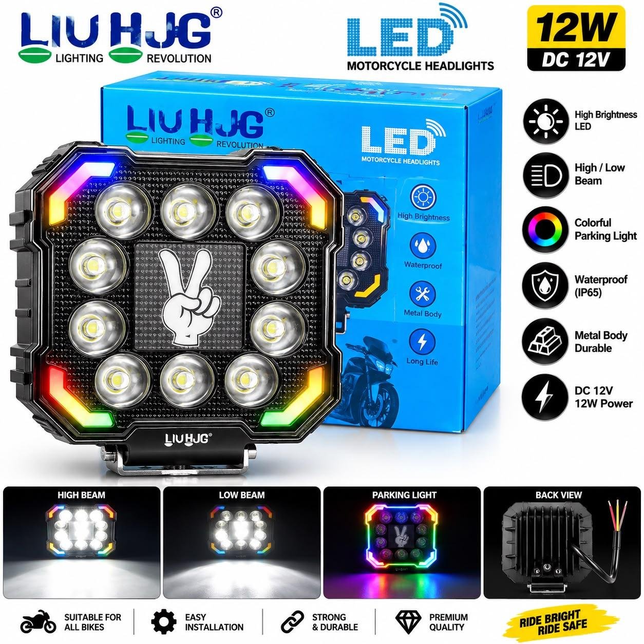 12V Heavy Metal LED Headlights With Colourful Parking