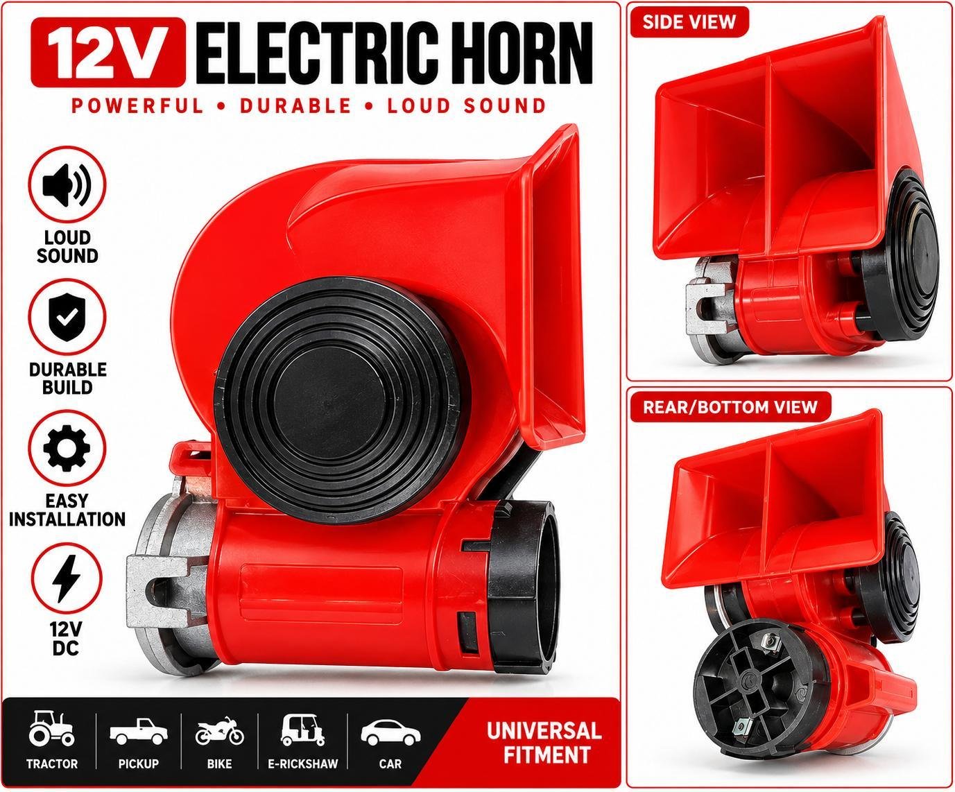 12V Powerful Electric Horn for Tractor, Pickup, Bike etc